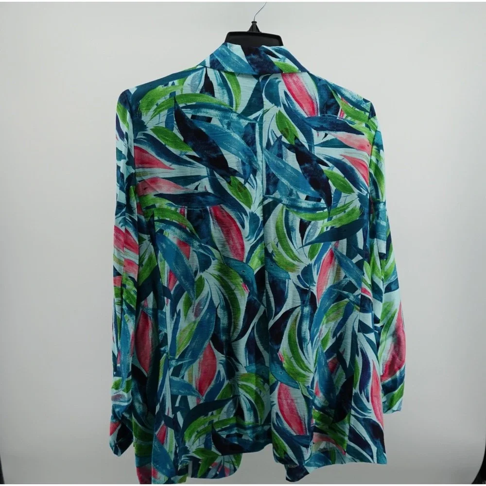 Investments Tropical Leaf Print Open Front Blazer XL Teal‎ Green Pink